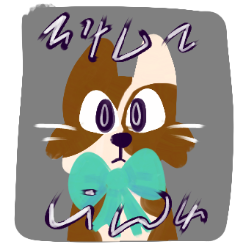  Drawing that resembles an impact font meme image macro. It is a white and brown cat with a teal bowtie with scribbles on the top and bottom in place of a caption. 